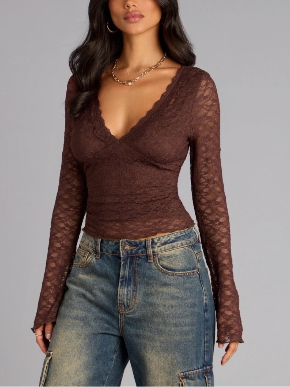 Windsor Brown Lace Wrap V-Neck Long Sleeve Top NWOT